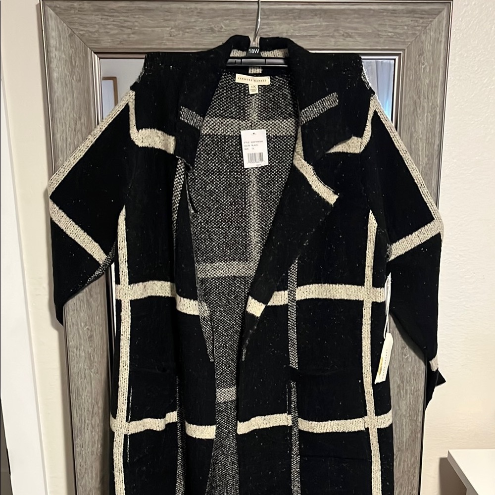 Black and Cream Geometric Cardigan Sweater